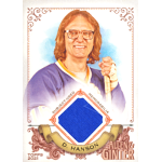 dave hanson 2021 allen and ginter relic Vintage hockey card featuring a player in a blue jersey with glasses, holding a stick. Memorabilia patch included.