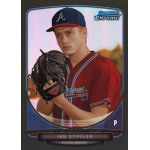 ian stiffler 2013 bowman chrome draft picks black refractor Young baseball player in Atlanta Braves uniform holding a glove, featured on a Bowman Chrome card.