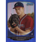 ian stiffler 2013 bowman chrome draft picks blue refractor Baseball player in a red jersey holding a glove, Bowman Chrome card design with blue border.