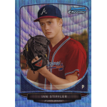 ian stiffler 2013 bowman chrome draft picks blue wave refractor Baseball player in red jersey holding a glove, featured on a sports card with blue background.