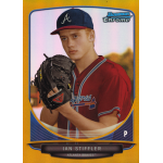 ian stiffler 2013 bowman chrome draft picks gold refractor Baseball player in a red jersey holding a glove, featured on a Bowman Chrome card.