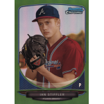 ian stiffler 2013 bowman chrome draft picks green refractor Young baseball player in red Atlanta Braves uniform holding a glove, featured on a Bowman Chrome card.