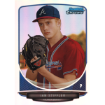 ian stiffler 2013 bowman chrome draft picks refractor Young baseball player in a red jersey and cap with glove, posed for a card, Pitcher label visible at the bottom.