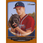ian stiffler 2013 bowman draft draft picks orange Young baseball pitcher wearing an Atlanta Braves uniform holding a glove, featured on a collectible card.