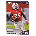 adrian colbert 2017 sage hit rc Football rookie card featuring player in red jersey, helmet, holding a football; labeled Adrian Colbert 2017.