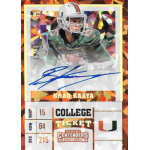 brad kaaya 2017 panini contenders draft picks cracked ice photo variation d Autographed Brad Kaaya rookie college football card, Panini Contenders 2017 with colorful background and Miami logo.