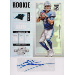 brad kaaya 2017 panini contenders optic rookie ticket sp NFL rookie quarterback trading card with signature, featuring player in uniform preparing to throw, Panthers logo displayed.