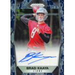 brad kaaya 2017 panini prizm camo autograph Quarterback in action pose holding football, wearing red practice jersey and helmet on trading card with signature.