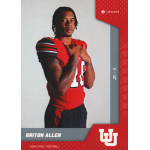 briton allen 2023 onit university of utah A football player in a red and black uniform posing confidently, with Utah Utes branding and sleek card design elements.