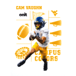 cam vaughn 2025 onit west virginia university campus colors white College football player in blue helmet and yellow pants runs with ball on graphic with campus colors and football icons.