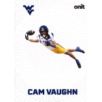 cam vaughn 2025 onit west virginia fusion Football player leaping to catch ball in action shot, wearing uniform and helmet, surrounded by geometric background patterns.