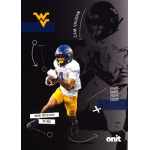 cam vaughn 2025 onit west virginia silhouette Football player running with ball, wearing yellow and blue uniform with strategic play graphics, West Virginia logo visible.