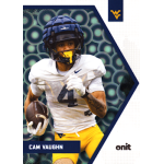cam vaughn 2025 onit teal orbs Football player in action wearing yellow shorts and white jersey with helmet, holding a ball on a stylized background.