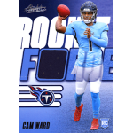 cam ward 2025 absolute rookie force relic Football player in blue uniform holding a football, featured on a sports trading card with Rookie Force text.