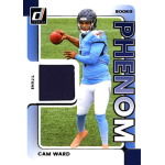 cam ward 2025 donruss phenom relic Rookie football player in blue uniform throwing a pass, featured on a trading card with the word Phenom.