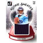 cam ward 2025 donruss rookie sweater Rookie Sweater football card featuring athlete in blue jersey holding football with forest background and sweater patch detail.