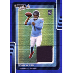 cam ward 2025 donruss threads blue hyper Football trading card featuring a player in a blue jersey, holding a ball, labeled Cam Ward, Tennessee Titans, RC.