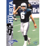 carlos huerta 1995 rel cfl Football player in action on a sports trading card, wearing a helmet and jersey number 6, mid-game walk on field.