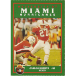 carlos huerta 1990 smokey bear miami hurricanes rc Football card showing Miami Hurricanes kicker preparing to kick, wearing uniform number 27, University backdrop.
