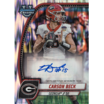 carson beck 2024 bowman chrome university flash refractor autograph Football player card featuring a quarterback in a red and white jersey, holding a football, with autograph signature.