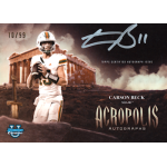 carson beck 2025 bowman chrome university acropolis autograph Miami football player trading card, Acropolis background, Topps autograph edition, limited 10/99.