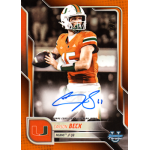carson beck 2025 bowman chrome university orange refractor autograph Football player card with orange uniform and blue signature, labeled Carson Beck, featuring Miami logo.