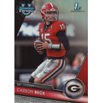 carson beck 2023 bowman chrome university refractor Football player in red uniform poised to throw, featured on a trading card.