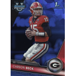carson beck 2023 bowman chrome university sapphire Football trading card featuring a player in a red jersey, QB1 and team logo visible on the card.