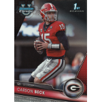 carson beck 2023 bowman chrome university Football player trading card featuring a quarterback in a red jersey, labeled Card Incoming and QB Georgia.