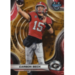 carson beck 2023 bowmans best university gold refractor Football player in red jersey with number 15 throwing a ball on a dynamic background.