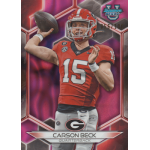 carson beck 2023 bowmans best university pink lava refractor Football player in red jersey throwing a ball on a trading card with vibrant, colorful background.