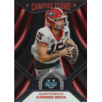 carson beck 2024 bowman chrome university campus icons Football trading card featuring Campus Icons with an illustration of a quarterback in action pose.