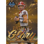carson beck 2024 bowman chrome university path to glory gold refractor Football player in red and white uniform holding a ball, surrounded by Path to Glory text and golden design elements.