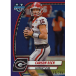 carson beck 2024 bowman chrome university purple refractor Football player in a red and white uniform holding a football, with team logo and name displayed on card.