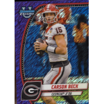 carson beck 2024 bowman chrome university purple shimmer refractor Football trading card with player in red and white Georgia Bulldogs uniform, labeled Card Incoming.