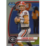 carson beck 2024 bowman chrome university refractor Football player in white and red uniform on trading card with blurred background.