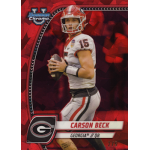 carson beck 2024 bowman chrome university sapphire red refractor Football player in white jersey holding a football, featured on a Bowman Chrome card with a red background.