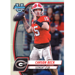 carson beck 2024 bowman chrome university variation refractor Football player in red and white uniform poised to throw a ball, featured on trading card with Georgia logo.