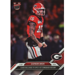 carson beck 2024 bowman university now 11 29 2024 Football player in a red uniform celebrates victory with clenched fists on a sports card background.