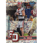 carson beck 2024 bowmans best university field day speckle refractor Football player in red uniform on a trading card, holding a ball poised to throw, against a colorful, sparkling background.