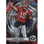 carson beck 2024 bowmans best university Football player in red and black uniform preparing to throw a pass, captured on a dynamic sports card design.