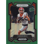 carson beck 2024 panini prizm draft picks green Football trading card featuring a quarterback in a white and red uniform, mid-play, labeled Rated Prospect.