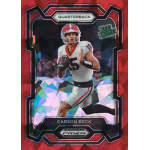 carson beck 2024 panini prizm draft picks red ice Football trading card featuring a quarterback in action with Rated Prospect label and dynamic background design.