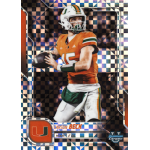 carson beck 2025 bowman chrome university xfractor Football player in orange uniform poised to throw, standing against a checkered backdrop.