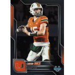 carson beck 2025 bowman chrome university Football player in orange Miami uniform prepares to throw a pass, featured on a collectible sports trading card.