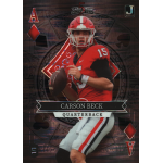 carson beck 2023 wild card 5 card draw stacked deck ace of diamonds holo lux black stealth foil Football trading card featuring a quarterback in red and black uniform with helmet, card design elements visible.