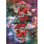 carson beck 2023 wild card 5 card draw stacked deck promo holo lux jack of spades rainbow Football player in red jersey themed as a playing card, with intricate background and Carson Beck text.