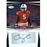 cj clark 2025 sage low series blue autograph Football card featuring C.J. Clark, defensive tackle, in orange jersey with signature and colorful background.
