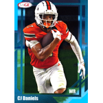 cj daniels 2026 sage blue Football player in red uniform holding ball, running on a trading card marked WR and CJ Daniels.