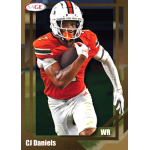 cj daniels 2026 sage gold rc Football wide receiver in red and white uniform running with the ball during a game.
